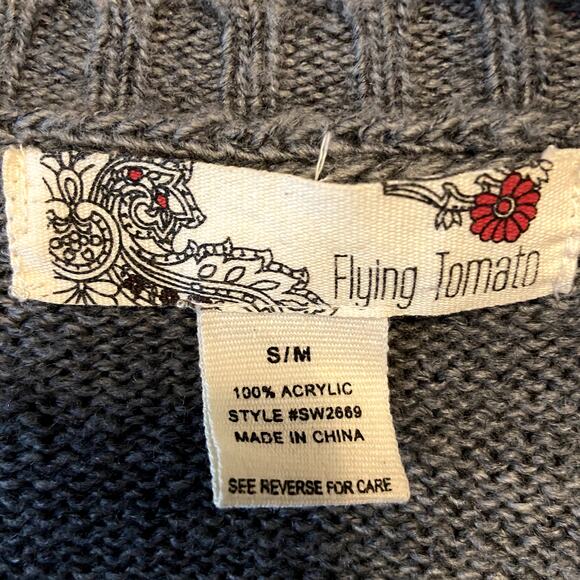 Flying Tomato Poncho Sweater Button Front Fringe Hem Knitted Gray White S/M - Picture 3 of 4